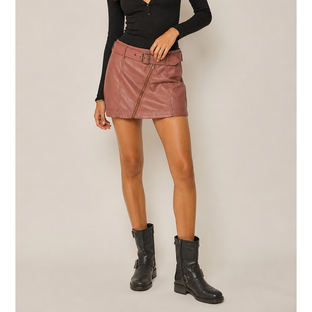 Free People Rosewood Faux Leather Moto Mini Skirt Belted Asym Zip Size 2 NWOT